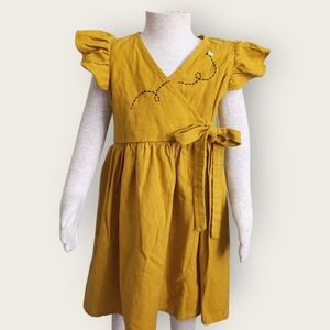 Girls' Mustard Wrap Dress with Bow Detail